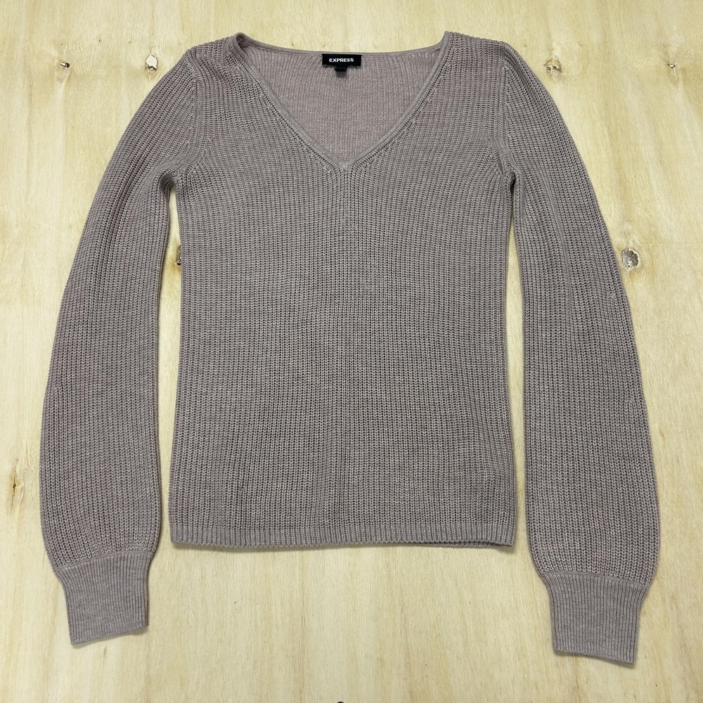 Express Sweater Womens XS Beige V Neck Waffle Knit Long Sleeve Pullover